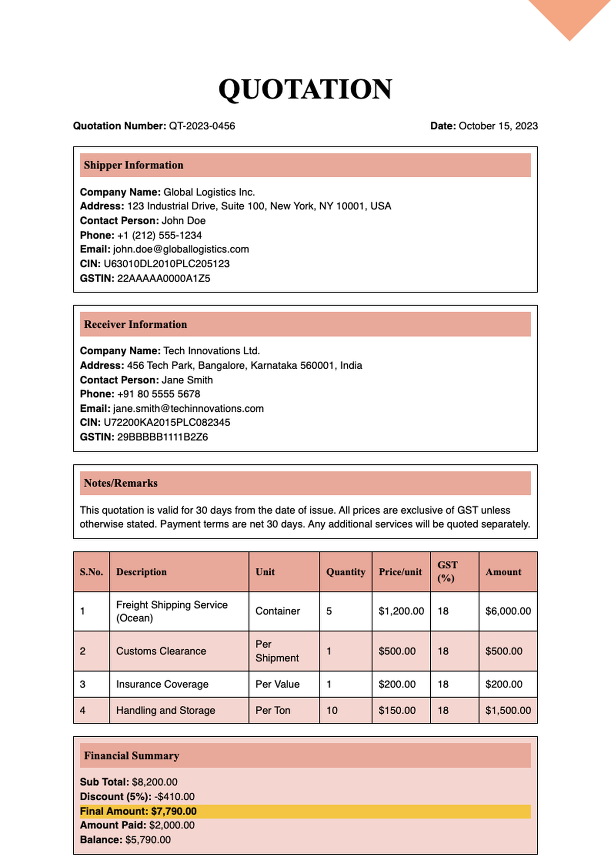 Professional quotation template with GST and service breakdown_variant_2